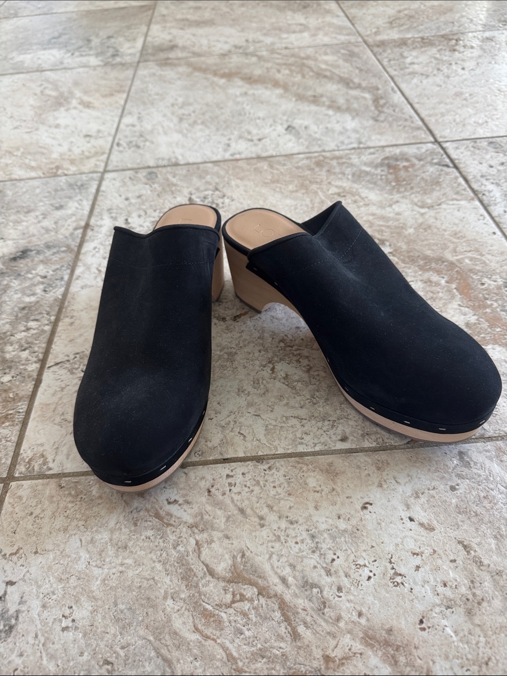 LOFT Black Suede Clog Mules with Natural Wood Heel